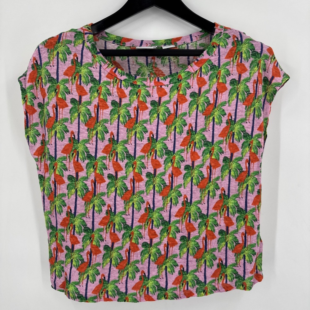 bouffants and broken hearts Linen‎ Flamingos Palm Trees Tropical Women's Size M